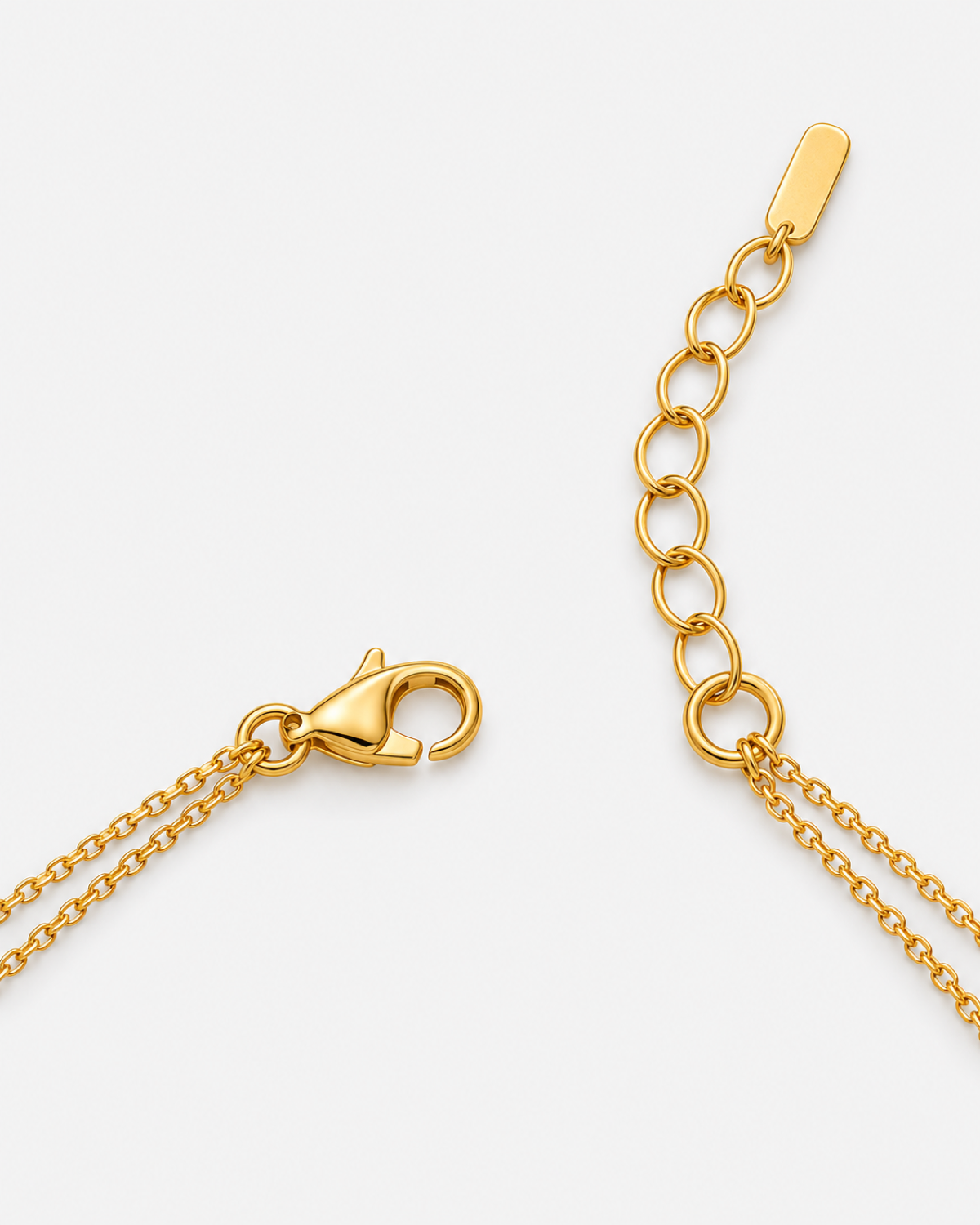 Fallon Double Layer Fishtail Necklace — Gold lobster clasp, oval extender and flat end-tag closure detail