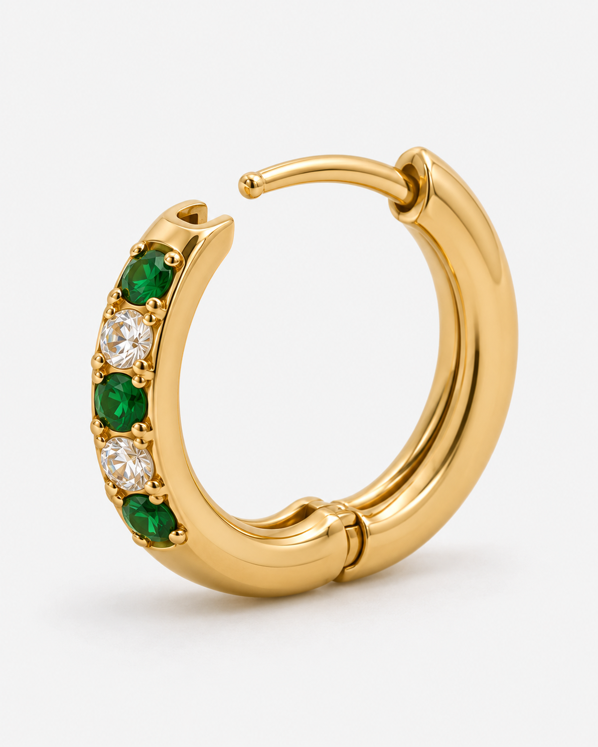 Maeva Oasis Green Hoops Earrings — Gold hinged curved post and receiver closure detail with green and clear stones