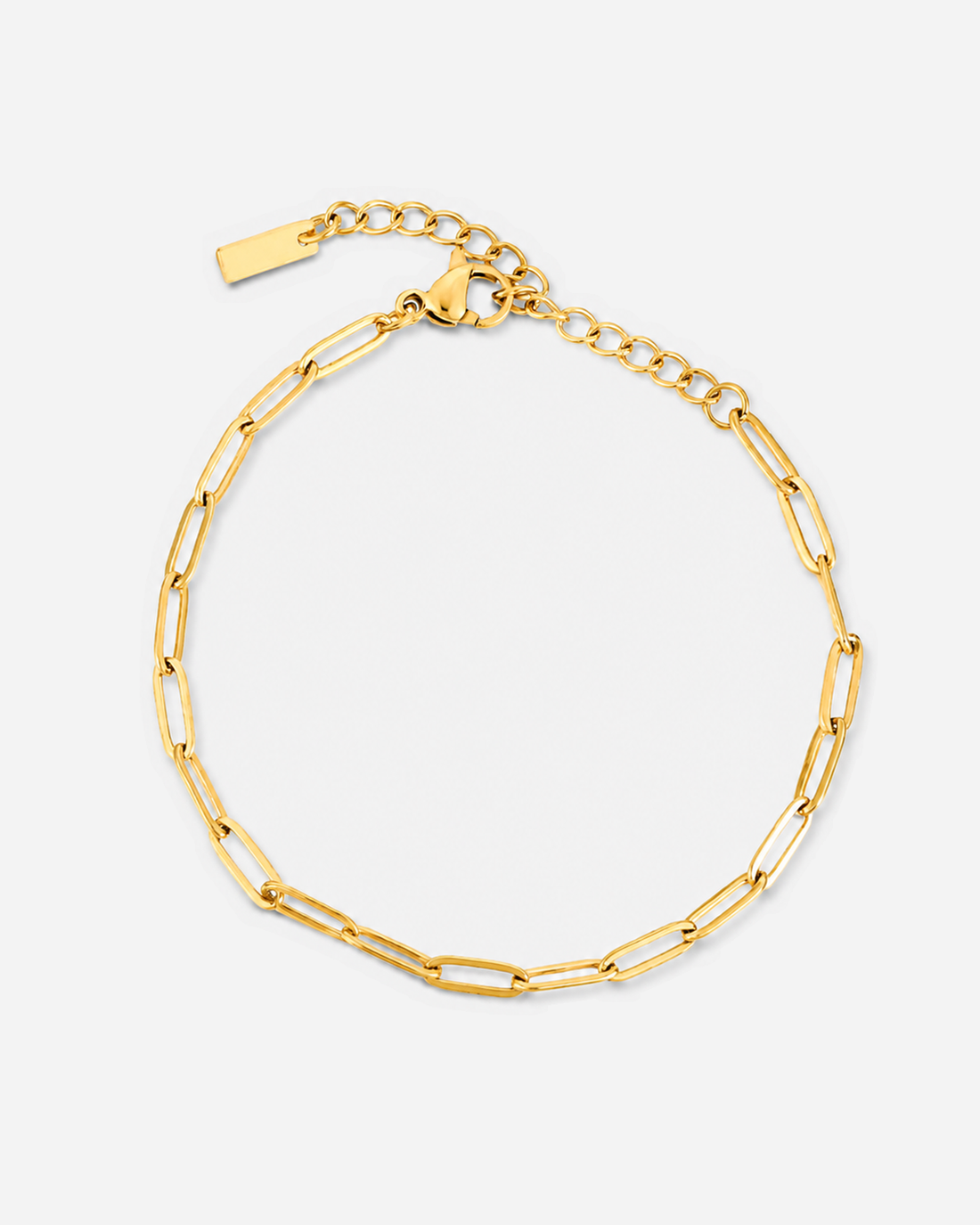 Gold-tone elongated paperclip-link bracelet with clasp and extender, product view