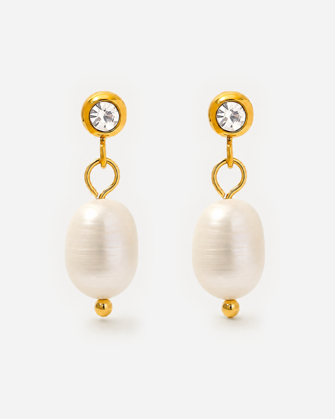 Gold Marley Pearl Crystal Earrings with white pearl drops and clear crystal tops.