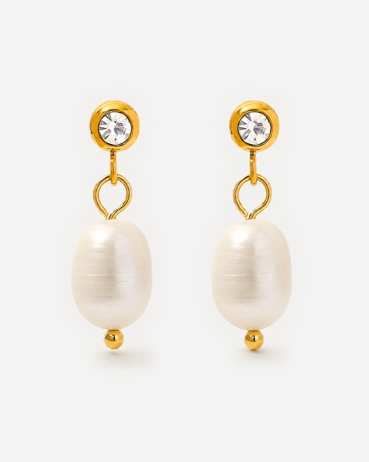 Gold Marley Pearl Crystal Earrings with white pearl drops and clear crystal tops.