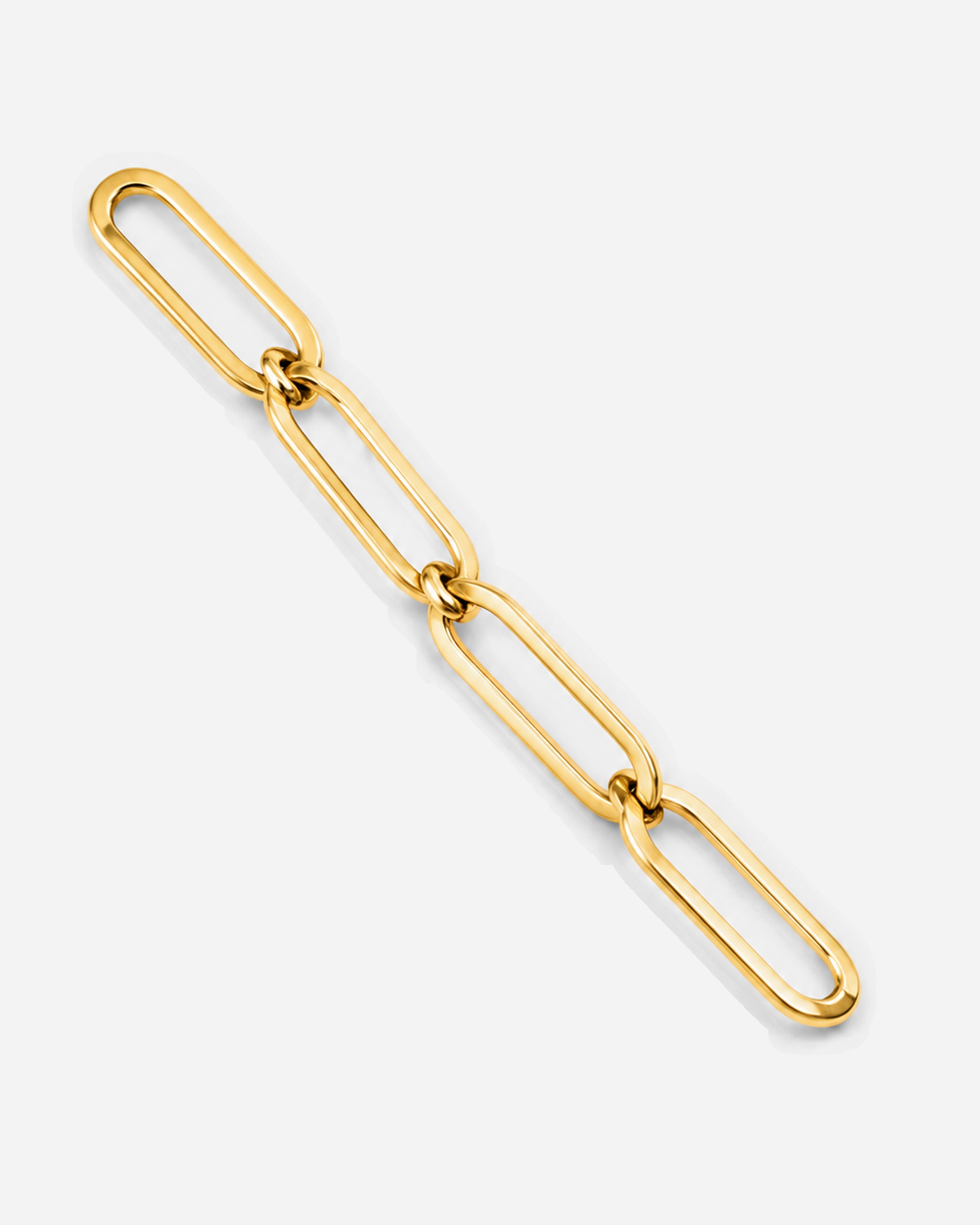 Gold-tone elongated paperclip links shown close up