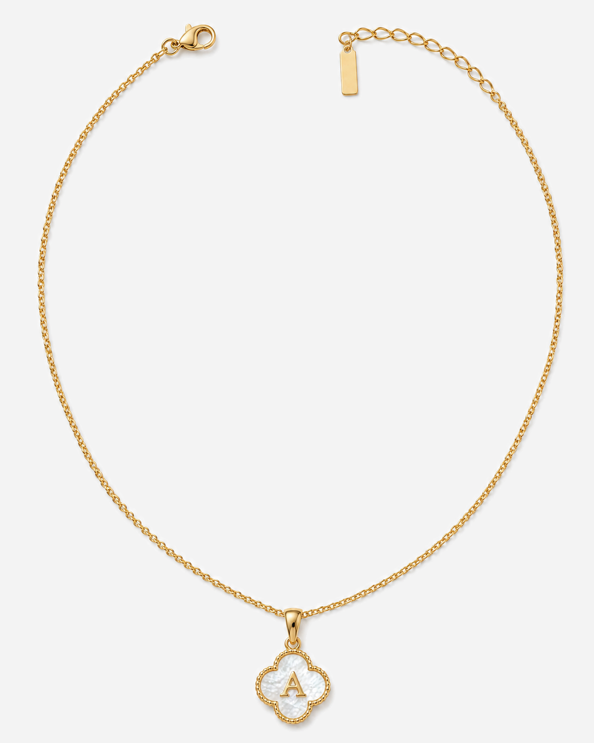 Gold Clover Initial Necklace with A shown as the example letter