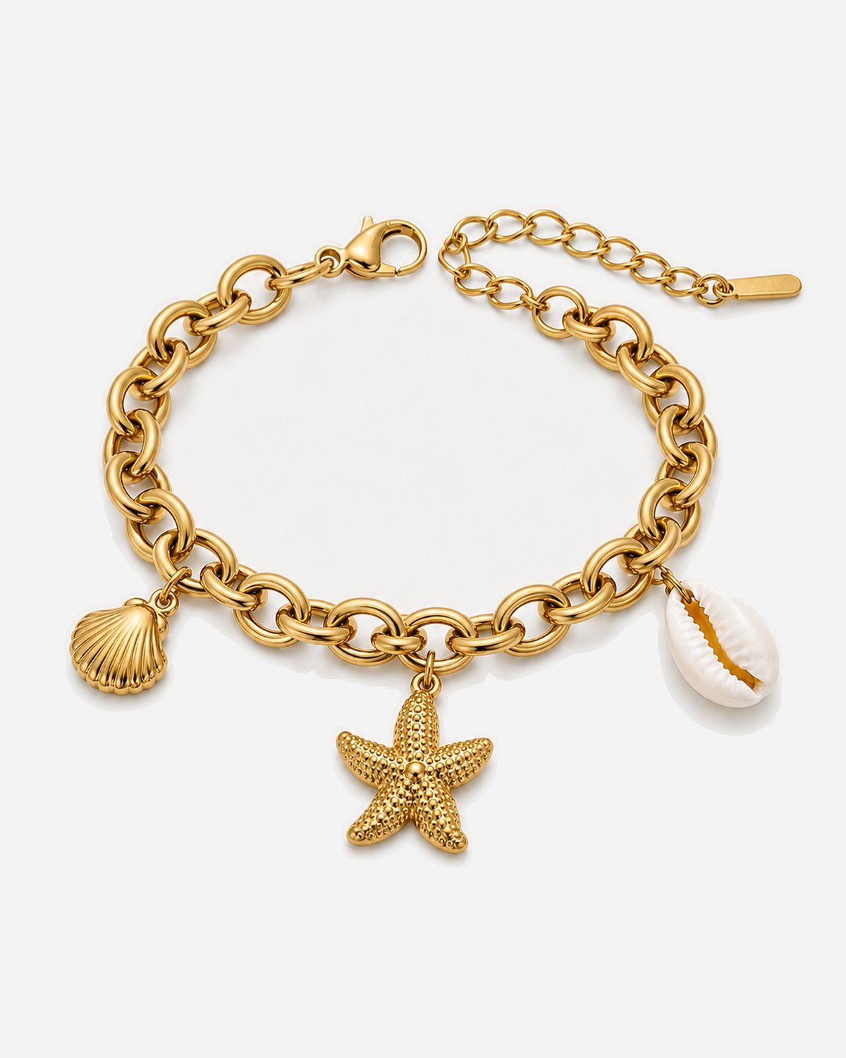 Jenna gold-tone link bracelet with scallop, starfish and white cowrie-shaped charms