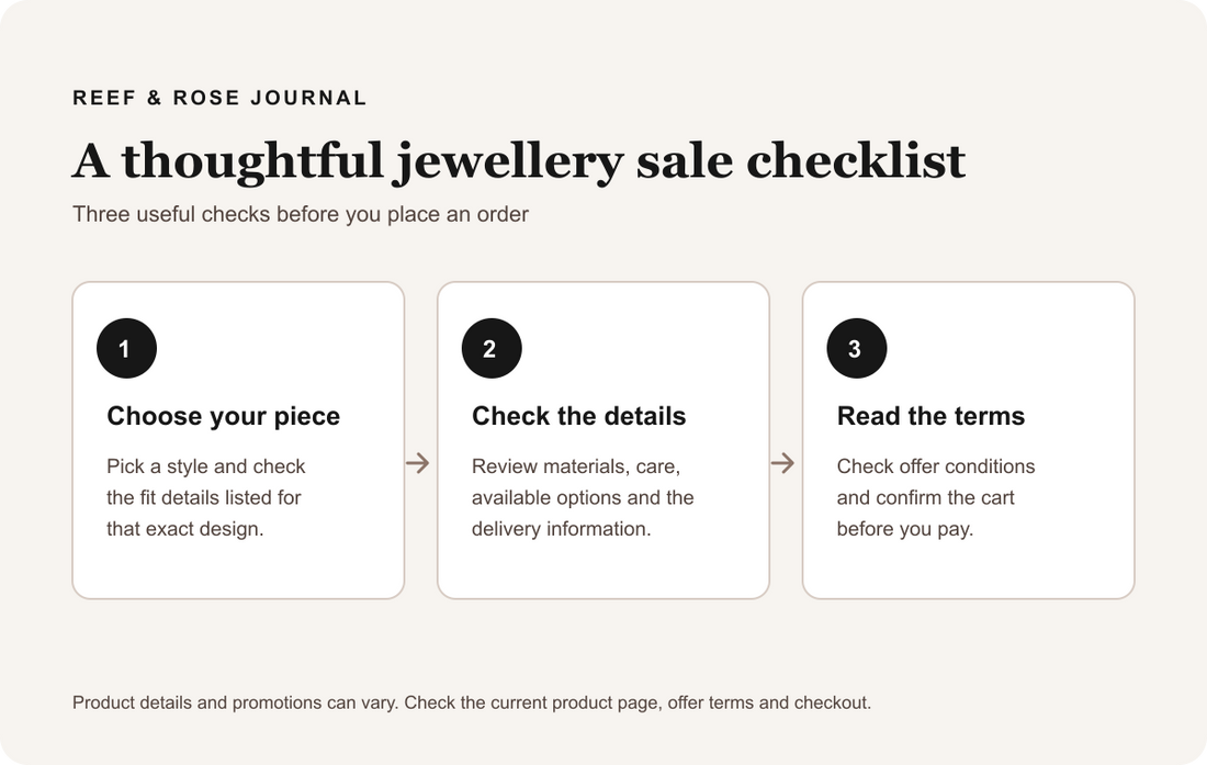 Three-step jewellery shopping checklist: choose a piece, check its details and read the terms.