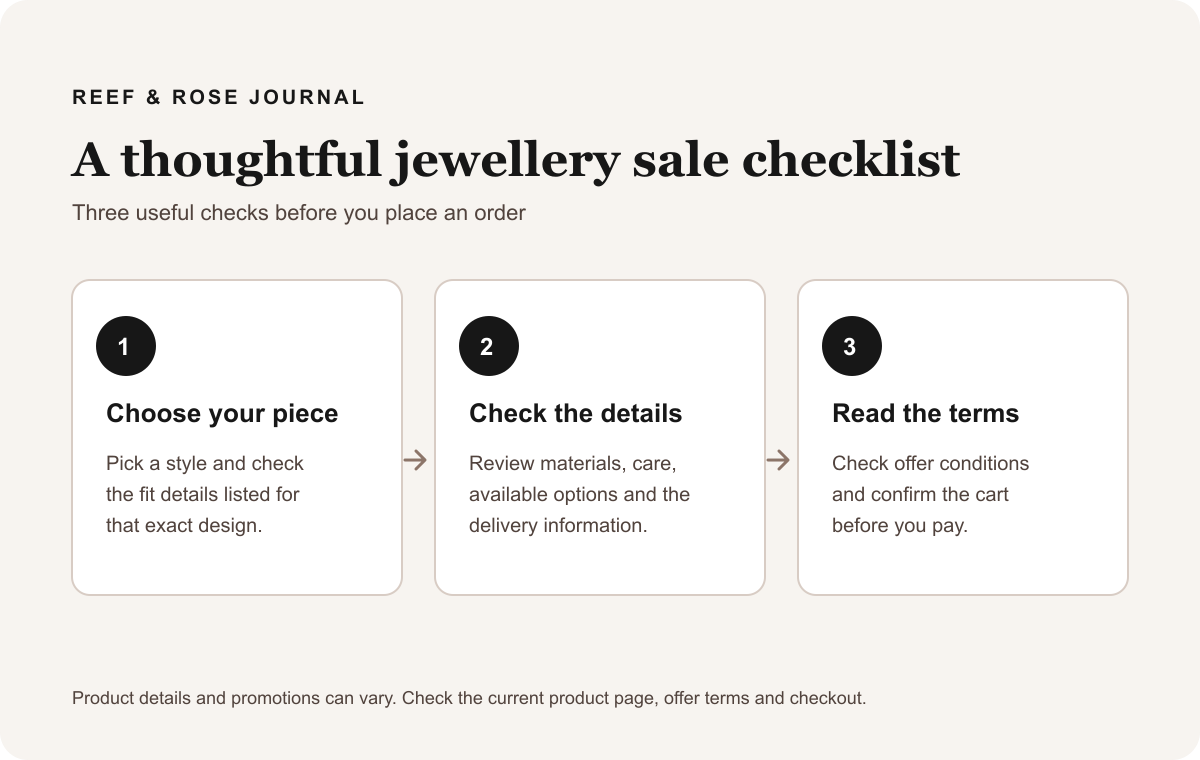 Three-step jewellery shopping checklist: choose a piece, check its details and read the terms.