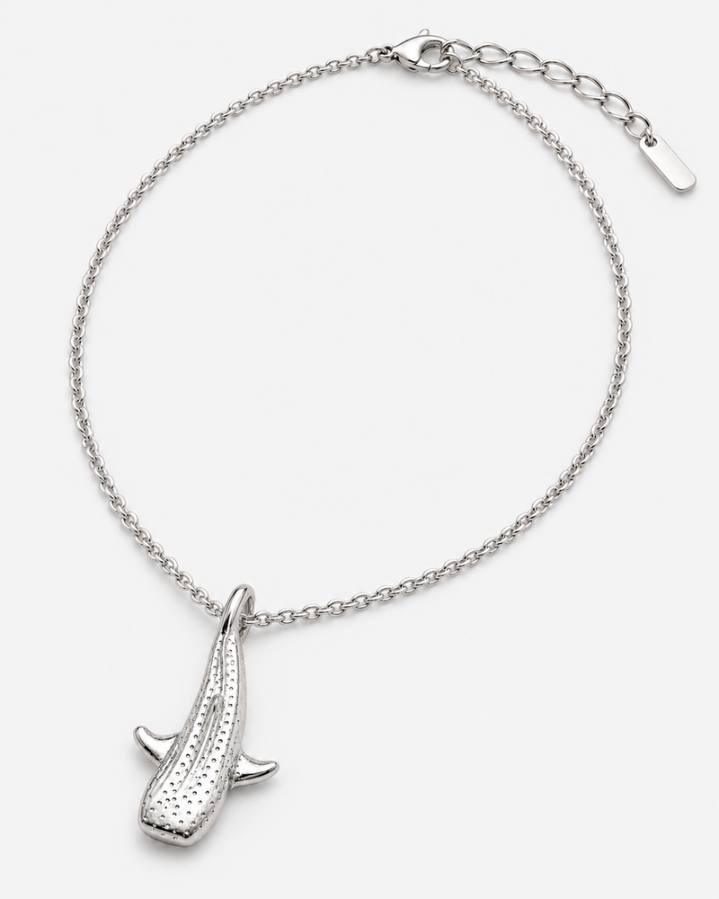 Silver-tone whale-shark pendant necklace with clasp and extender, product view