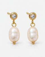 Marley gold-tone drop earrings with clear round tops, white oval drops and small round end beads