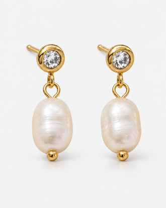 Marley gold-tone drop earrings with clear round tops, white oval drops and small round end beads