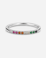 Silver-tone slim ring with a row of multicoloured round accents, product view