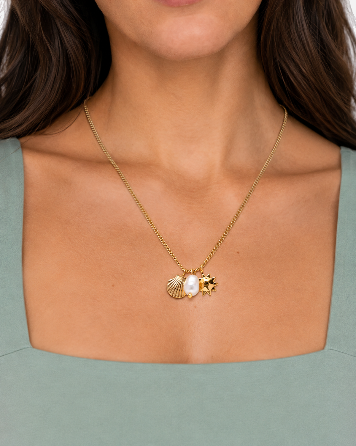 Lulwa Pearl Shell Necklace — close product view on neutral display