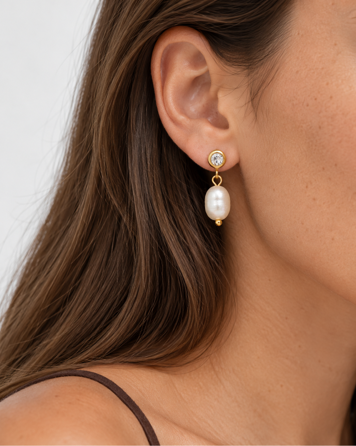 Marley Pearl Crystal Earrings — 04 — Gold — cocoa-plum tank — left ear