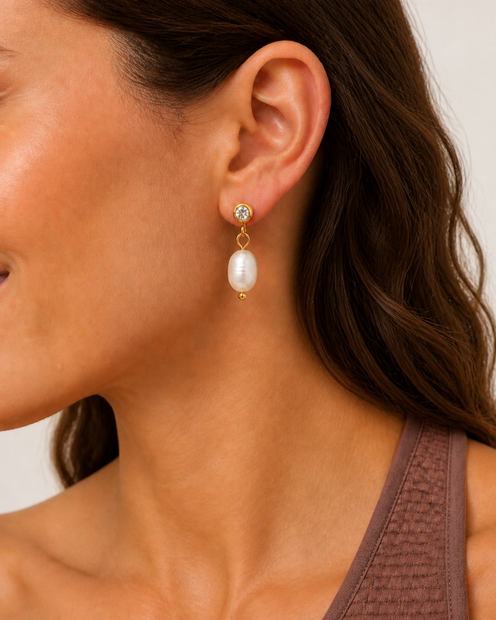 Marley Pearl Crystal Earrings — 04 — Gold — cocoa-plum tank — left ear