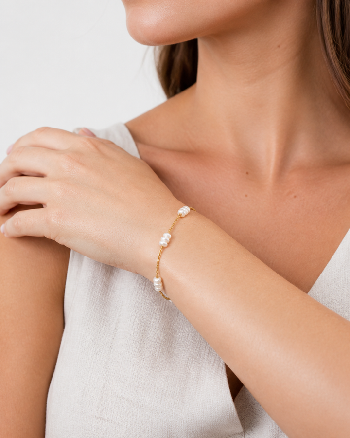 Sophia Pearl Bracelet — model close wearing anchor