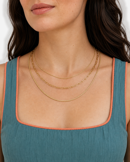 Paloma Layered Necklace — 04 — Gold — white gauze resort blouse — model medium