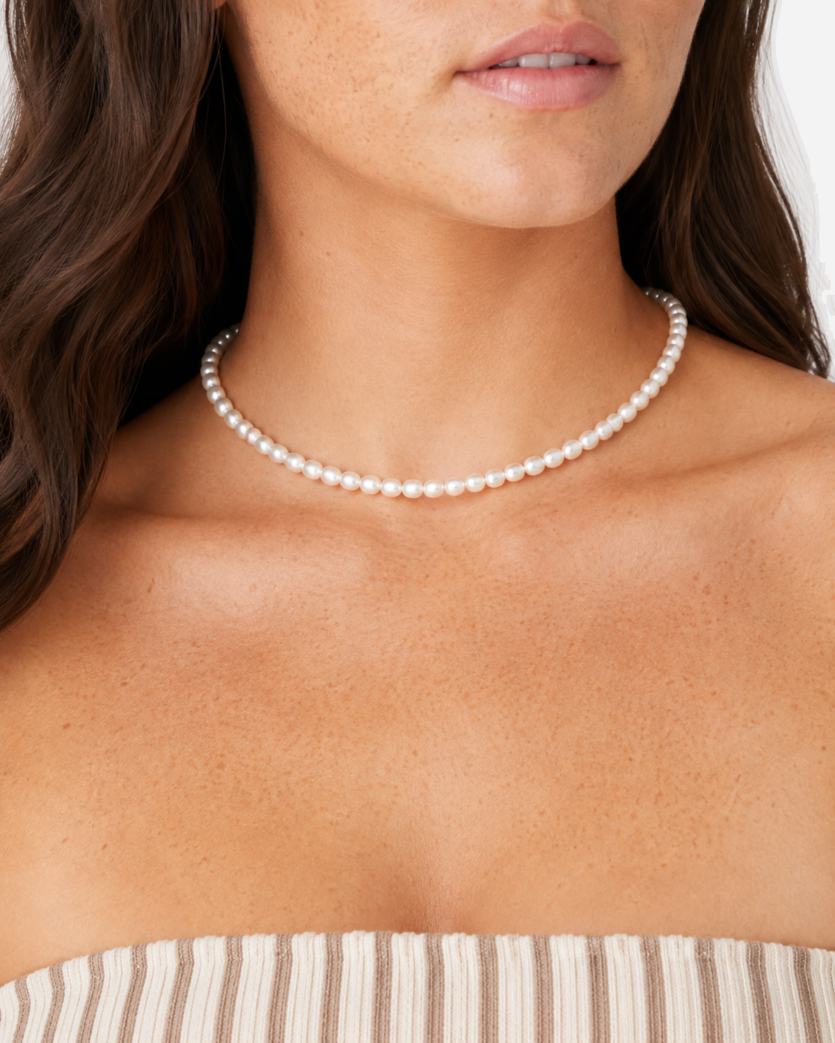 Elara white oval-bead choker in a front wearing view