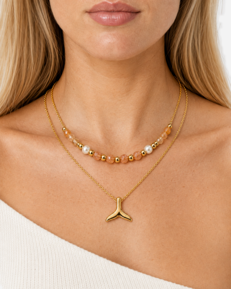 Fallon Double Layer Fishtail Necklace — 04 — Gold — teal one-shoulder — tight front