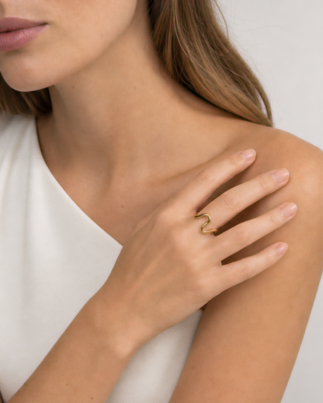 Talia Adjustable Ring — Gold — model medium front hand view