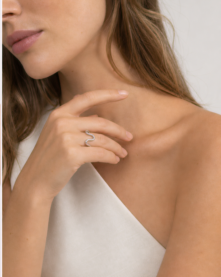 Talia Adjustable Ring — Silver — model medium front hand view