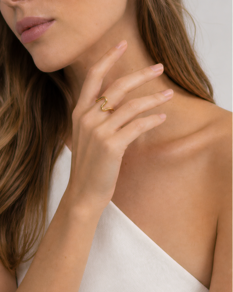 Talia Adjustable Ring — Gold — model three-quarter hand view