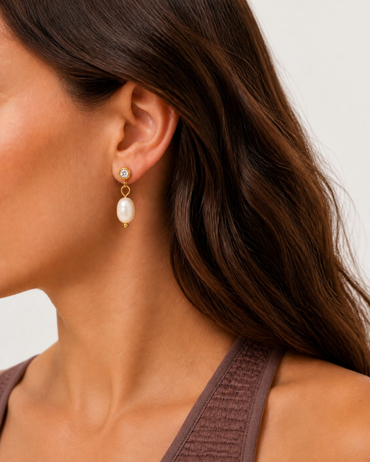 Marley Pearl Crystal Earrings — 05 — Gold — cocoa-plum tank — profile