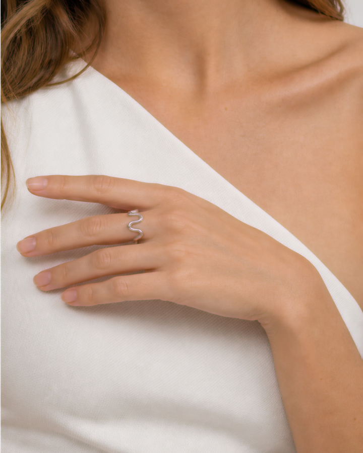 Talia Adjustable Ring — Silver — model three-quarter hand view