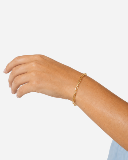 Lucienne Paperclip Bracelet — 05 — Gold — white crochet/ivory gauze outfit — model alternate