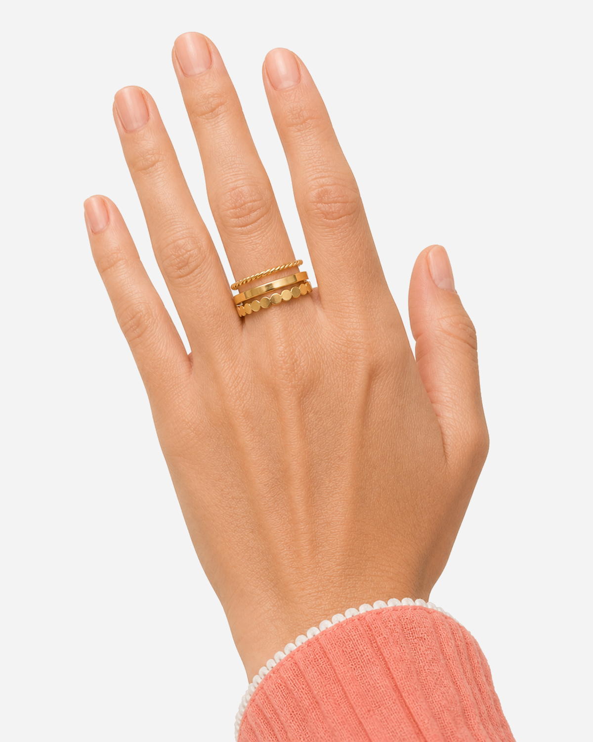 Thalia Daily Rings Set — 05 — Gold — hand-only studio — stacked raised-hand view