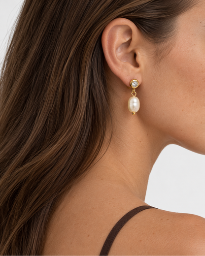 Marley Pearl Crystal Earrings — 06 — Gold — cocoa-plum tank — rear three-quarter