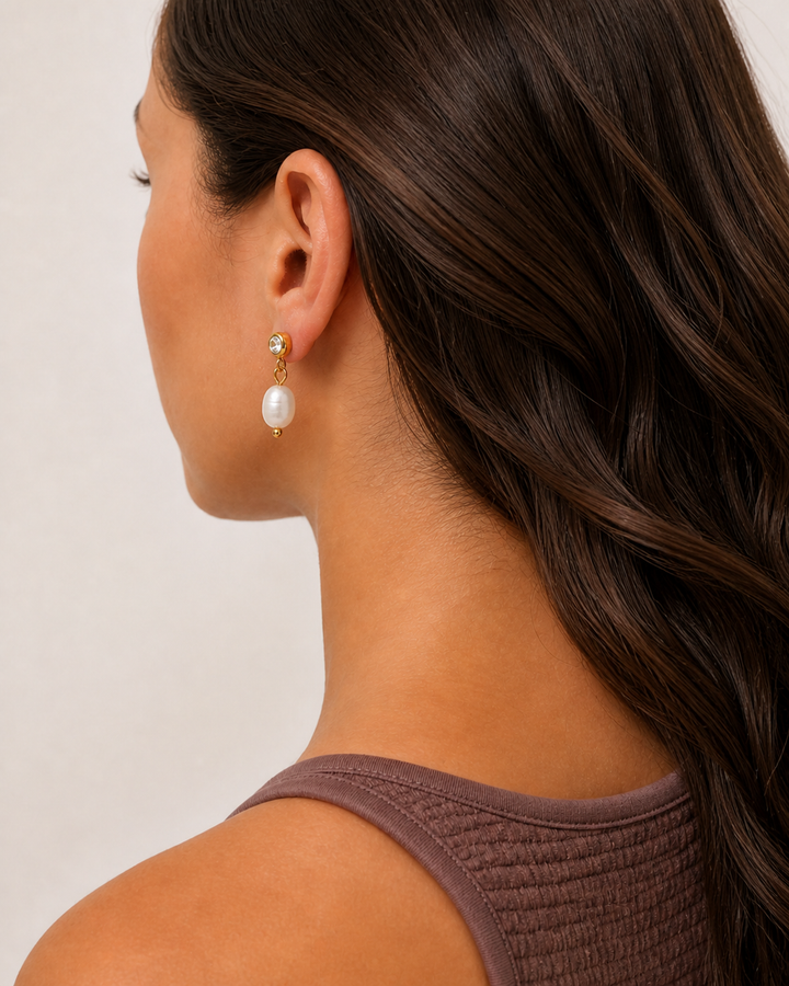 Marley Pearl Crystal Earrings — 06 — Gold — cocoa-plum tank — rear three-quarter