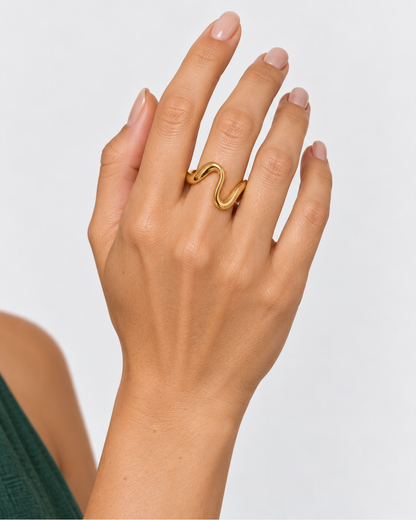 Talia Adjustable Ring — Gold — wider editorial hand view