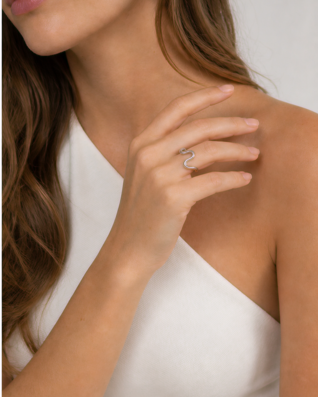 Talia Adjustable Ring — Silver — wider editorial hand view
