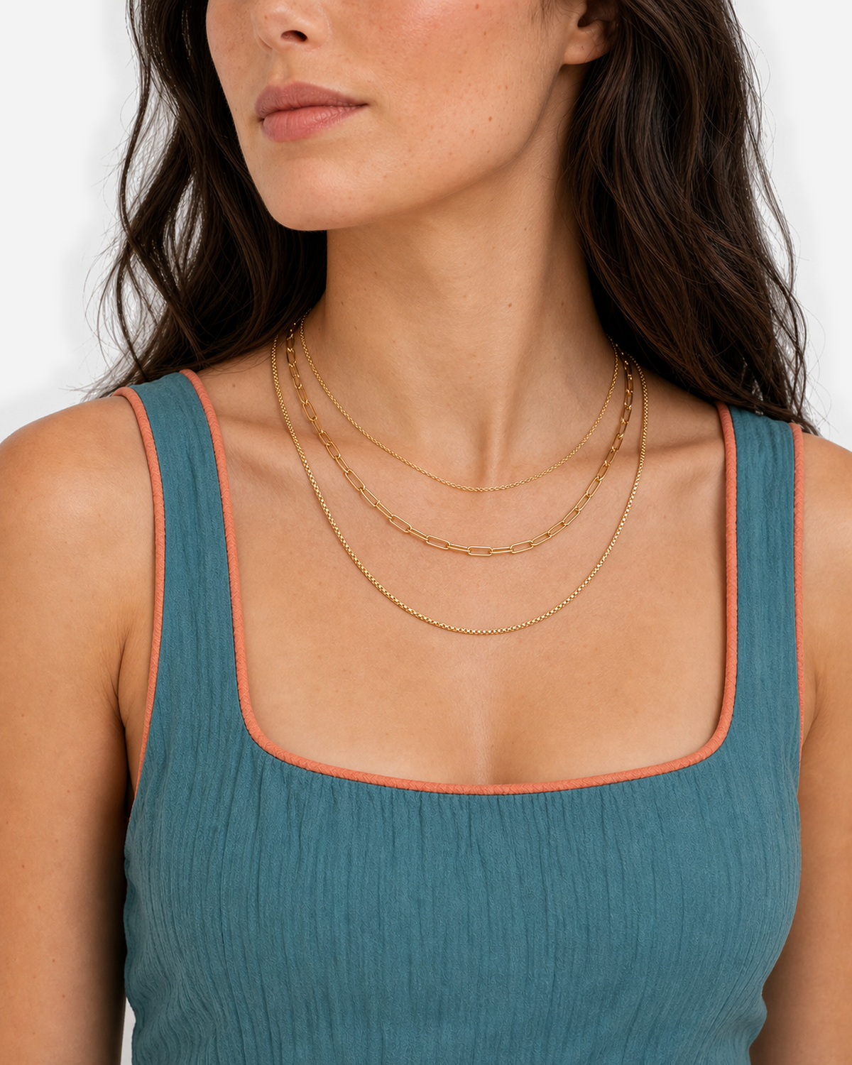 Paloma Layered Necklace — 06 — Gold — white gauze resort blouse — editorial shoulders view