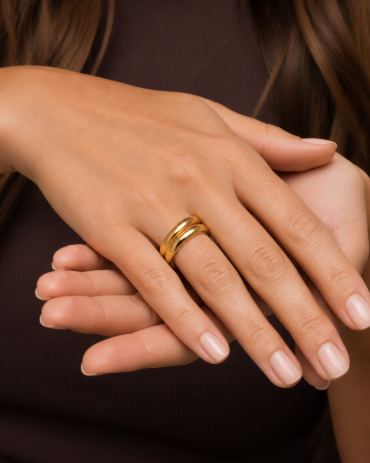Carys Stackable Rings — 25 — Gold — cocoa CO17 — supported-hand close-up