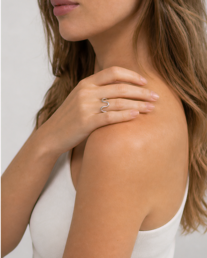 Talia Adjustable Ring — Silver — close-up model wearing view