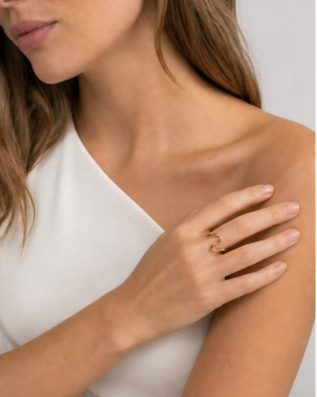 Talia Adjustable Ring — Gold — close-up model wearing view