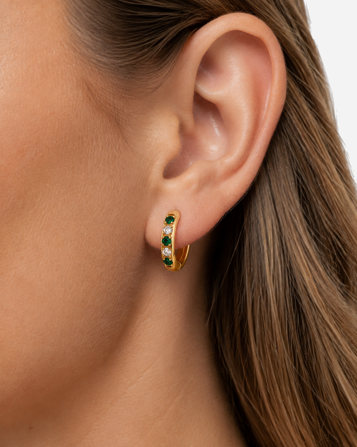 Maeva Oasis Green Hoops Earrings — close-up model wearing view
