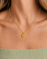 Marisol Golden Sun Necklace — 07 — Gold — shell-white open-collar resort shirt — collar-hand wearing close-up