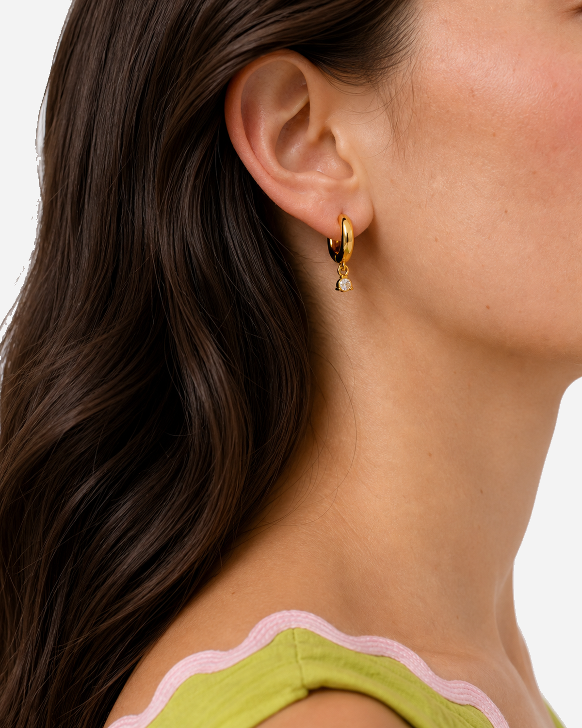 Rhea Sparkle Drop Earrings — close-up model wearing view