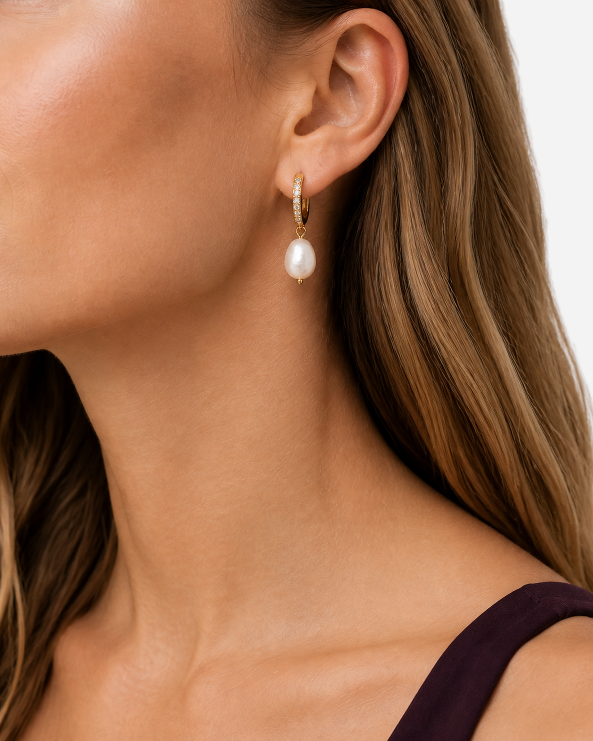Saskia Freshwater Pearl Hoop Earrings — close-up model wearing view