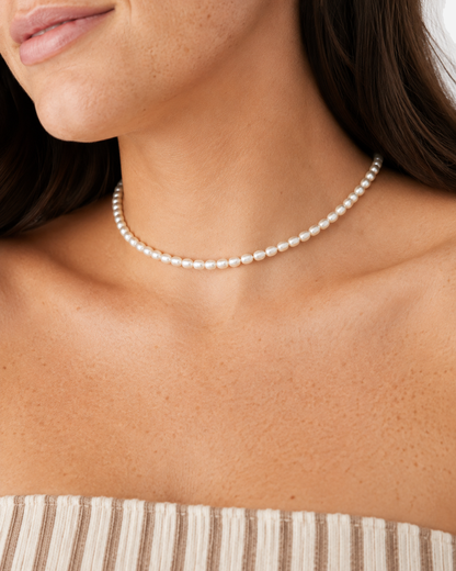 Elara Freshwater Pearl Choker — 07 — Gold — dusty-plum/taupe outfit — oblique wearing detail