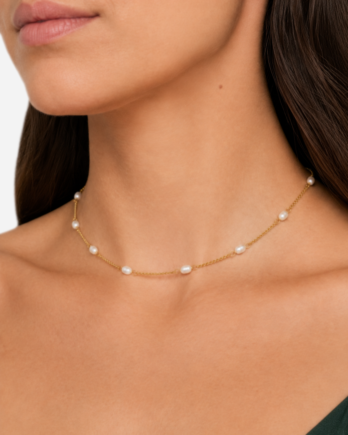 Coralie Dainty Gold Pearl Choker — Gold — close-up model wearing view