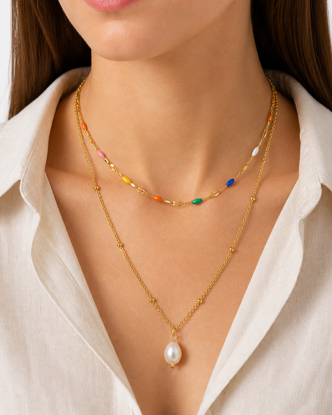 Akoya Layered Pearl Necklace - model close-up