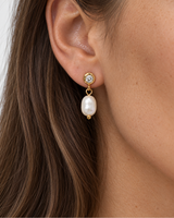 Marley Pearl Crystal Earrings — 08 — Gold — extreme wearing macro