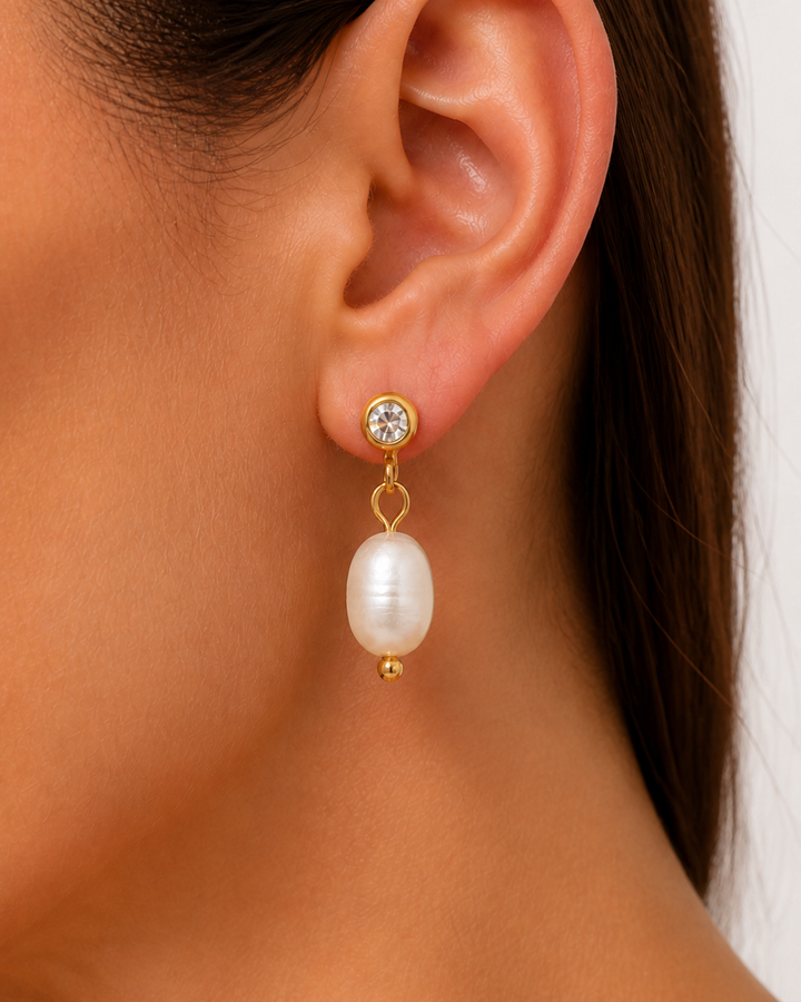 Marley Pearl Crystal Earrings — 08 — Gold — extreme wearing macro