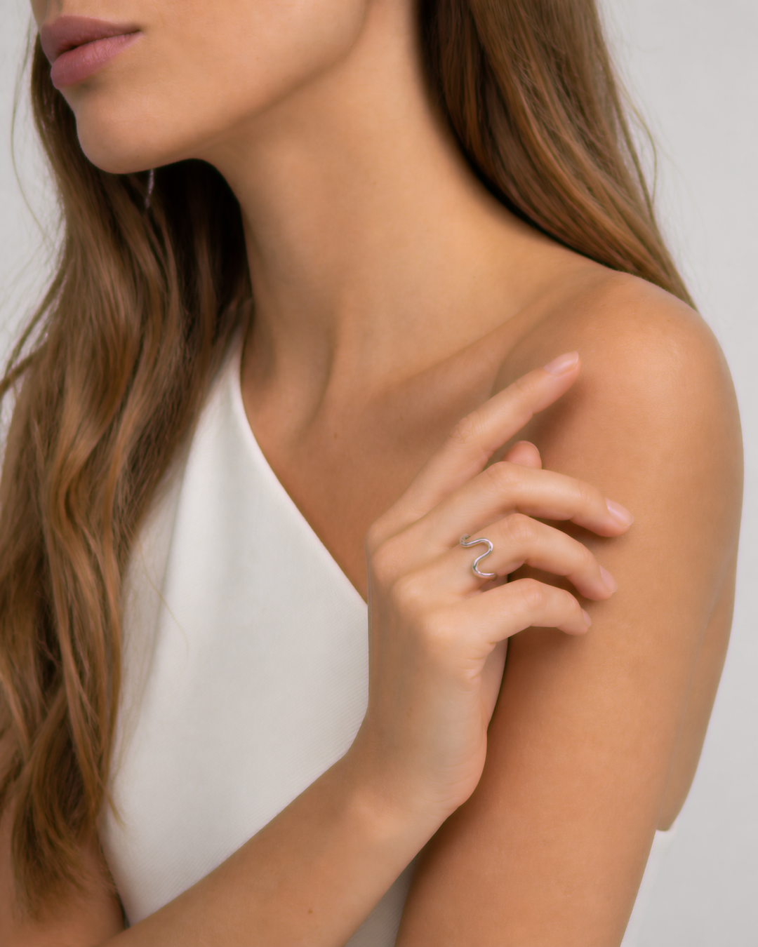 Talia Adjustable Ring — Silver — close-up model scale detail