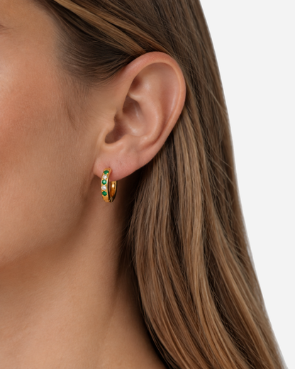 Maeva Oasis Green Hoops Earrings — close-up model scale detail