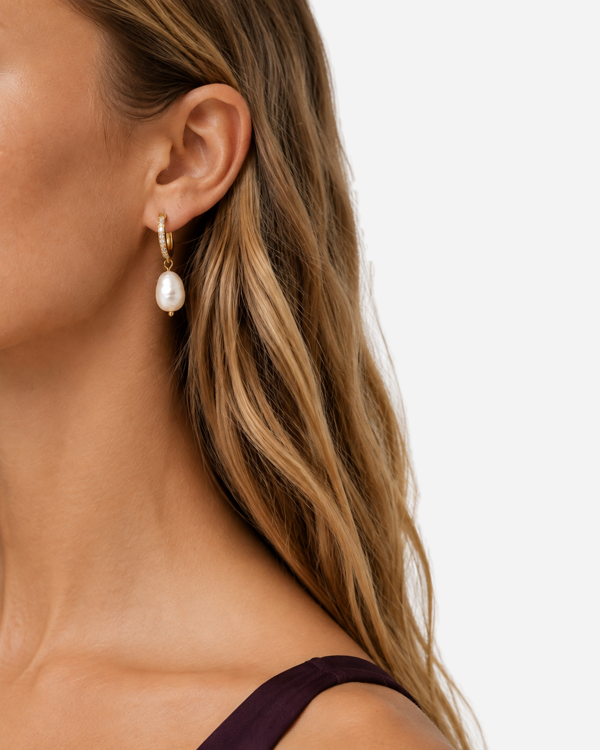 Saskia Freshwater Pearl Hoop Earrings — close-up model scale detail