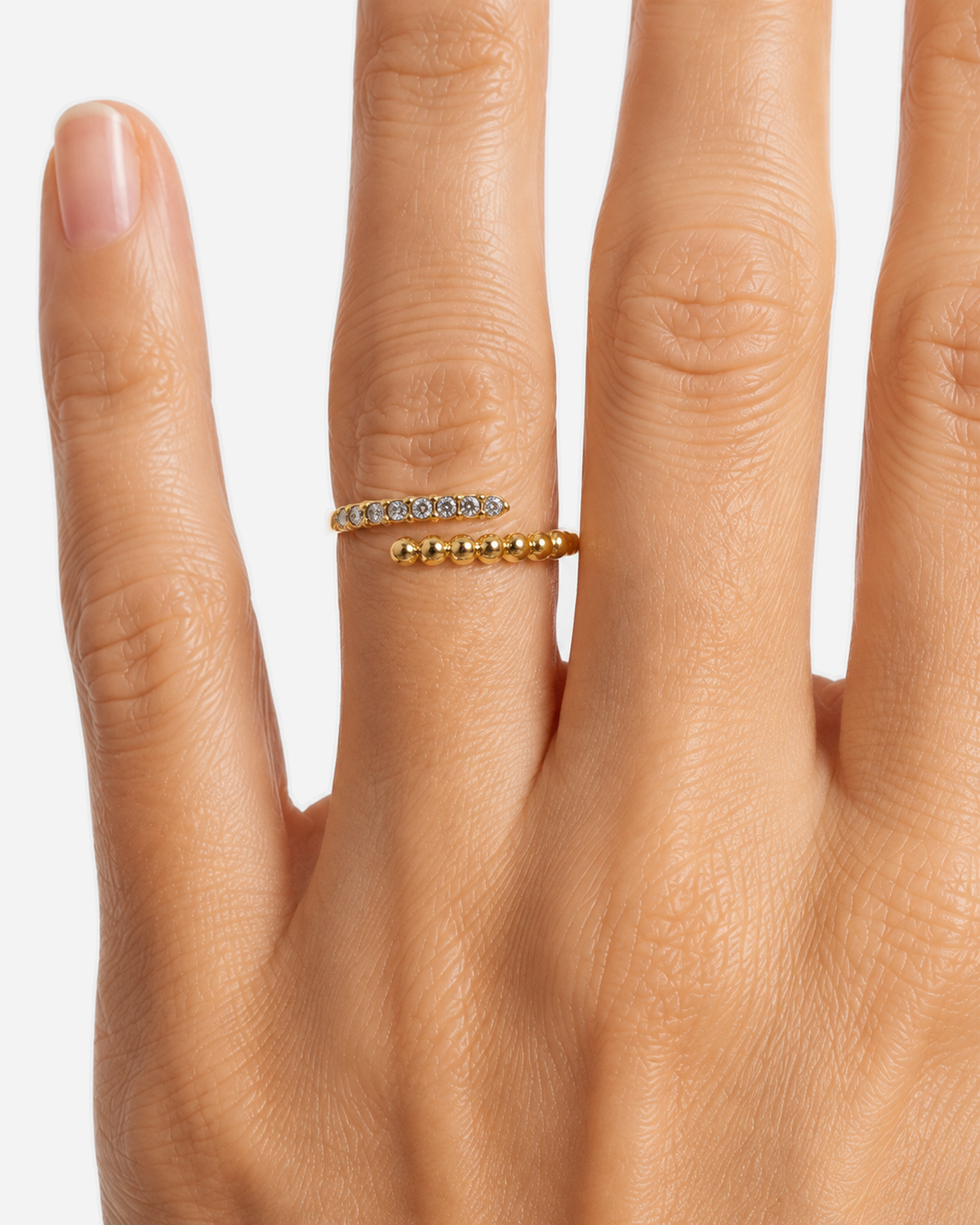 Lana Crystal Adjustable Ring — Gold — close-up model scale detail