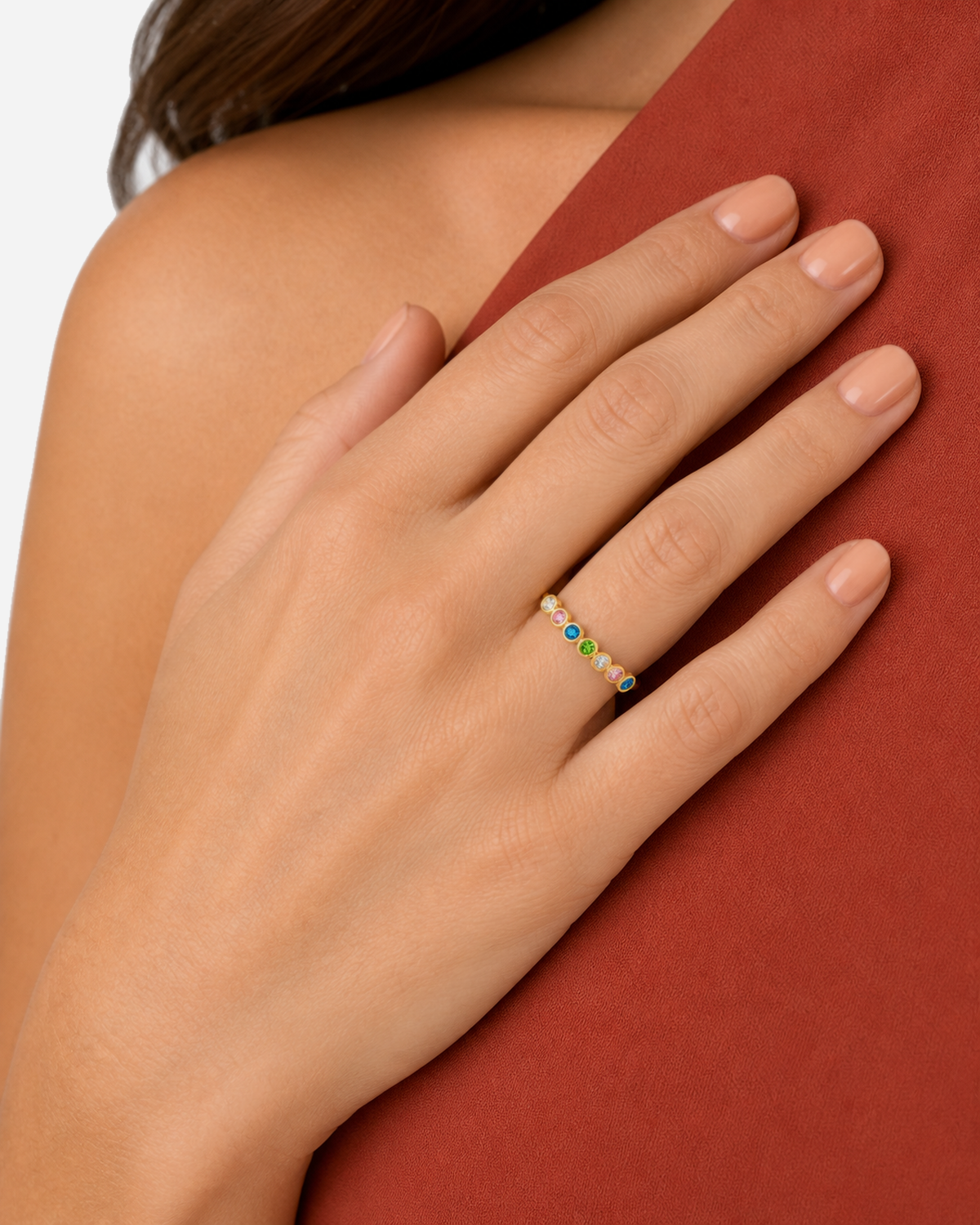 Mica Adjustable Ring — Gold / Rainbow — close-up model scale detail